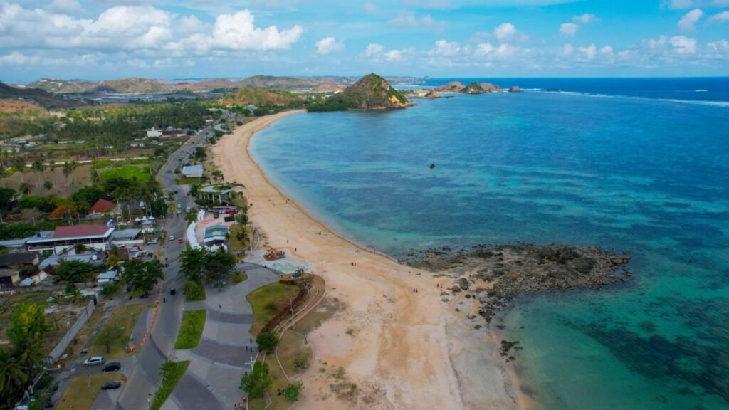 Aerial view of Kuta Lombok beach and South Lombok coastline